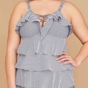 NEW Swim by Cacique Navy Blue & White Ruffle Tankini Swim Top Size 20